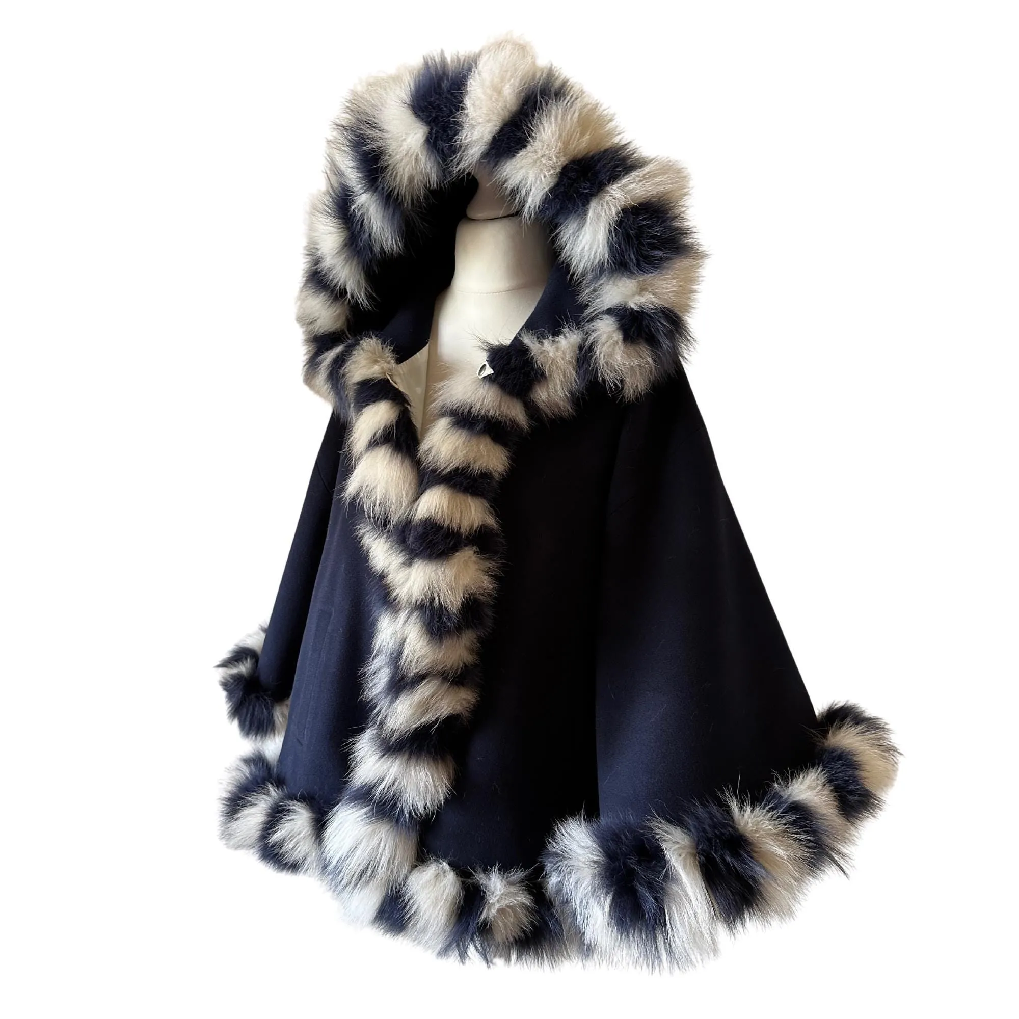 Dark Blue Women Winter Coat Cape Trim Fox Fur, Navy Winter Women's Poncho Jacket lined, Warm Women's coat with a hood