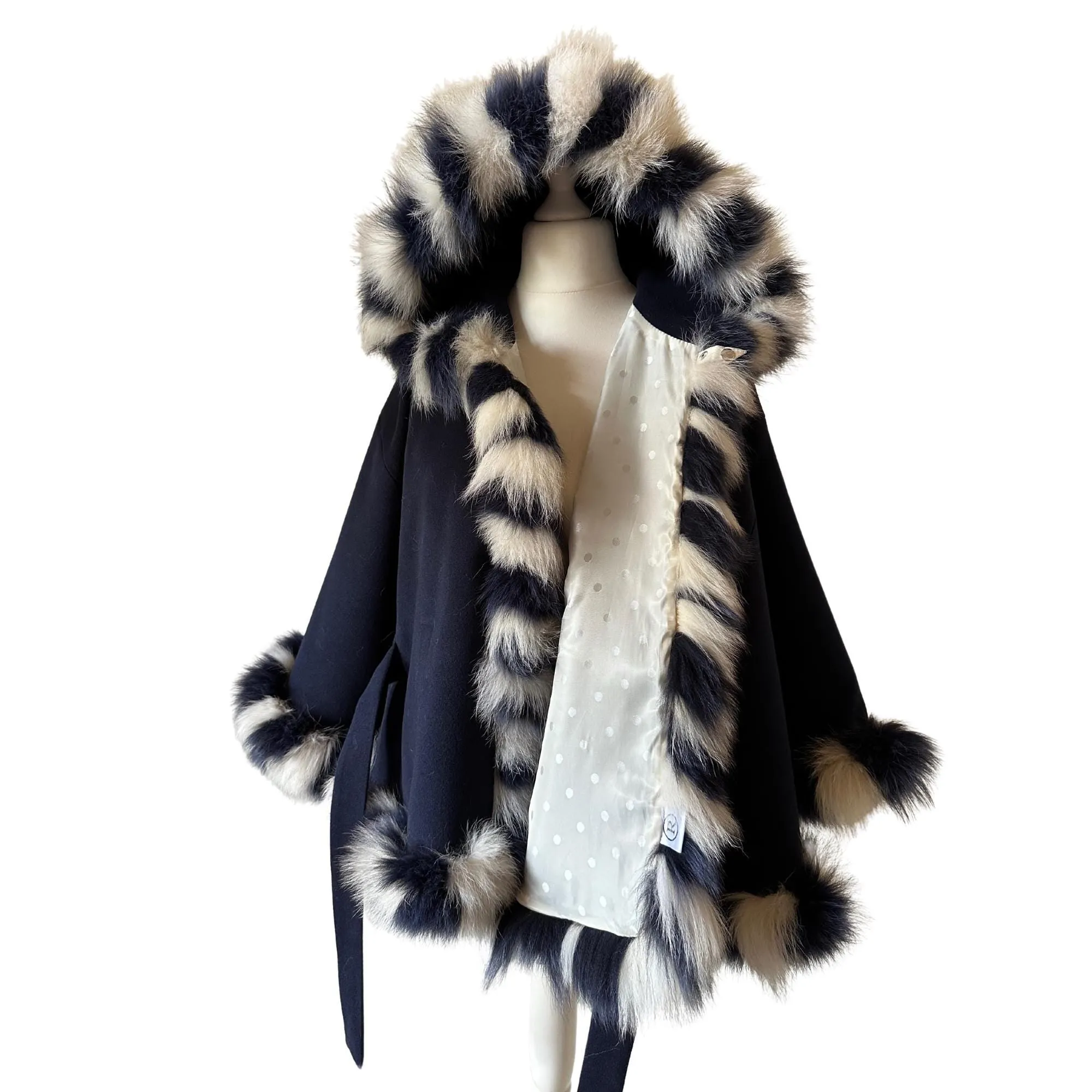 Dark Blue Women Winter Coat Cape Trim Fox Fur, Navy Winter Women's Poncho Jacket lined, Warm Women's coat with a hood