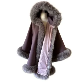 Dark Purple Women Winter Cashmere Coat Cape Poncho Trim Fox Fur, Winter Women's Poncho Jacket lined, Cozy Warm Women's coat with a hood