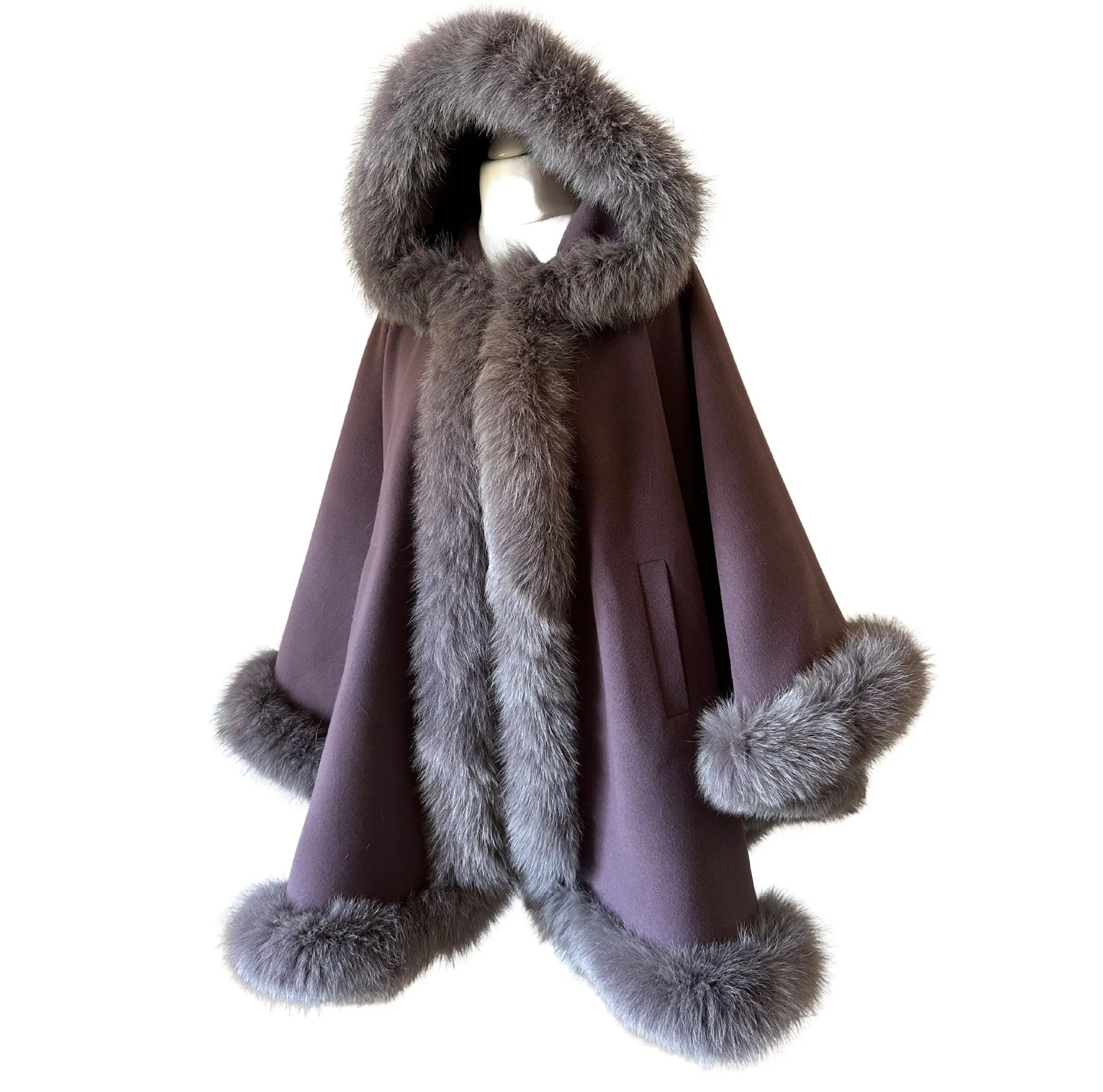 Dark Purple Women Winter Cashmere Coat Cape Poncho Trim Fox Fur, Winter Women's Poncho Jacket lined, Cozy Warm Women's coat with a hood