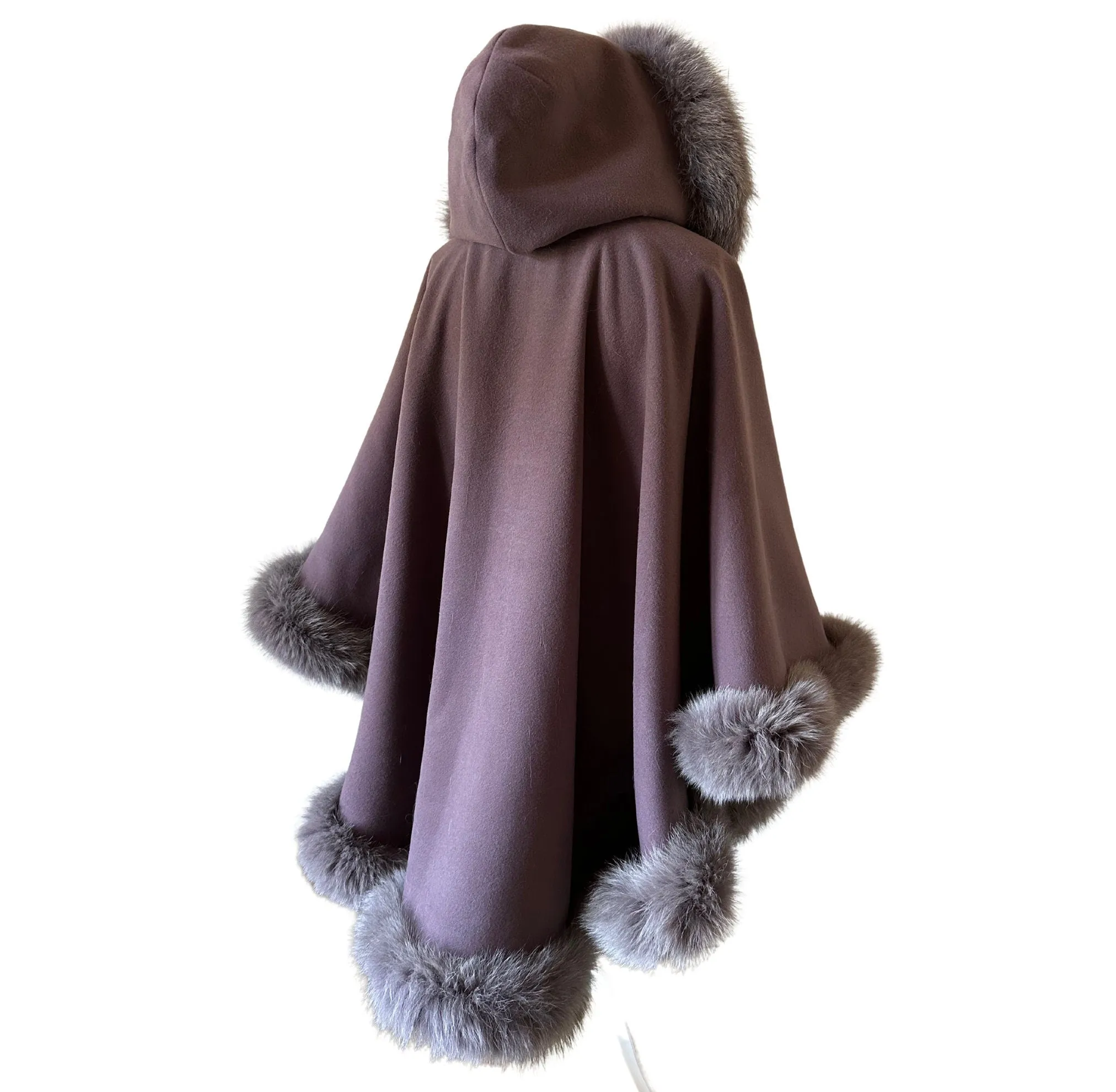 Dark Purple Women Winter Cashmere Coat Cape Poncho Trim Fox Fur, Winter Women's Poncho Jacket lined, Cozy Warm Women's coat with a hood