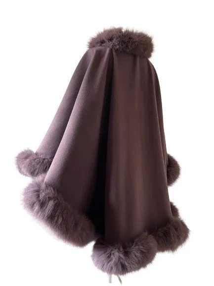 Dark Purple Women Winter Coat Cape Trim Fox Fur, Winter Women's Poncho Jacket lined, Warm Elegant Women's coat