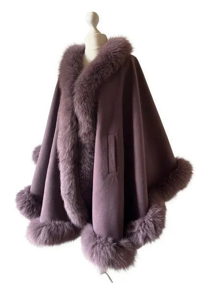 Dark Purple Women Winter Coat Cape Trim Fox Fur, Winter Women's Poncho Jacket lined, Warm Elegant Women's coat