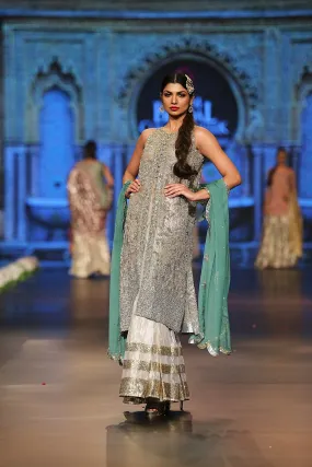 Designer embroidered dress in gold, white and green color # B3356