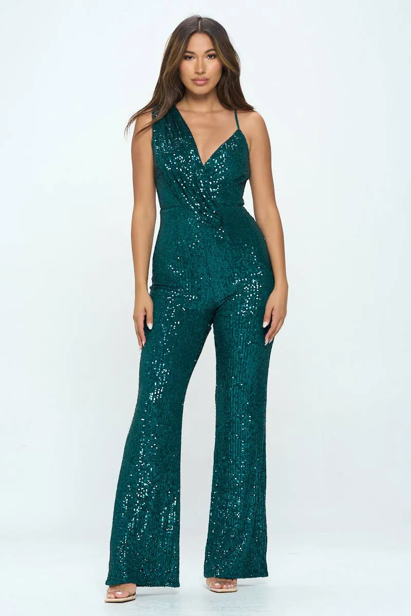 Emerald Green Sleeveless Sequin Jumpsuit