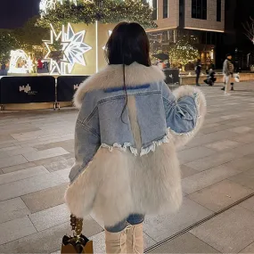 Fashion Denim Stitching Women High Quality Faux Fur Coat Winter WarmLong Loose Fur Teddy Bear Plush Coats