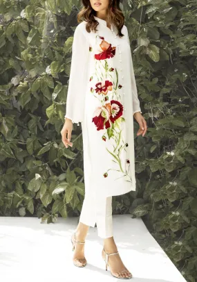 Flora-Front open white tunic with needlework embroidery on one panel (tunic only)