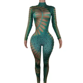Green Envy – The Ultimate Rhinestone Bodysuit for Party Gods & Stage Icons