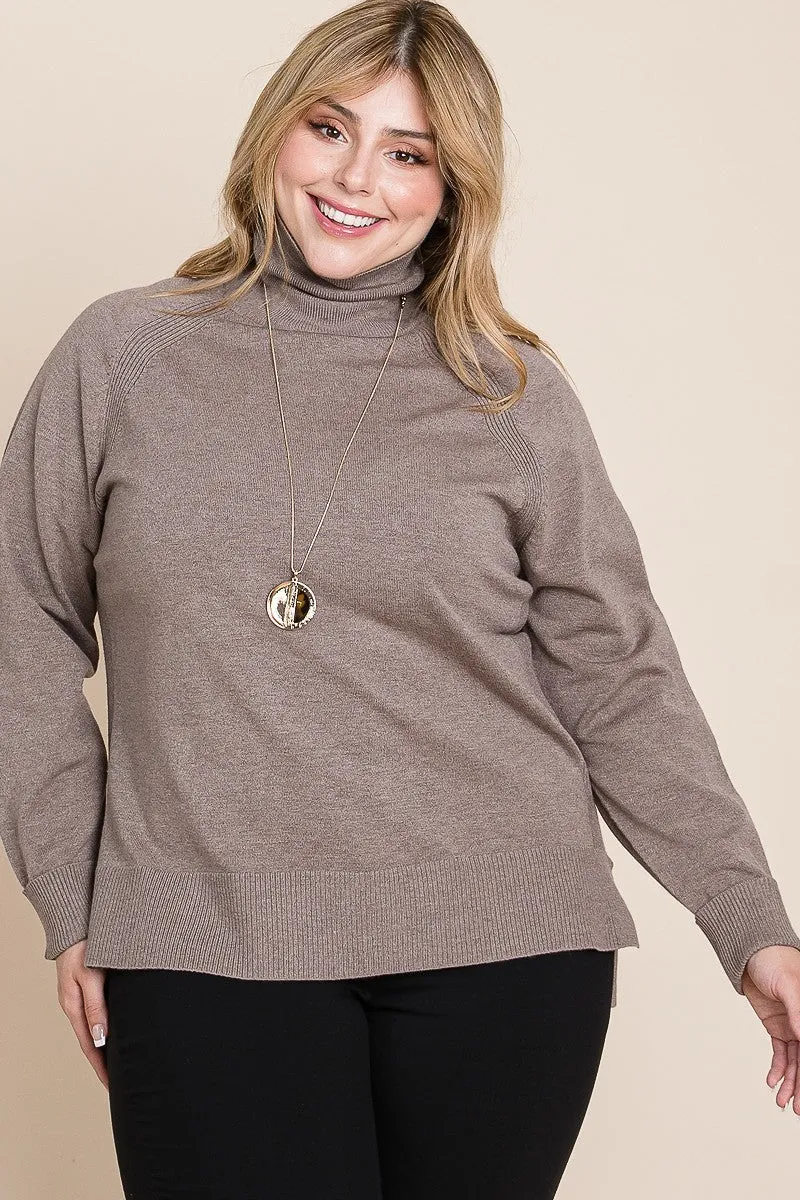 High Quality Buttery Soft Solid Knit Turtleneck Two Tone High Low Hem Sweater