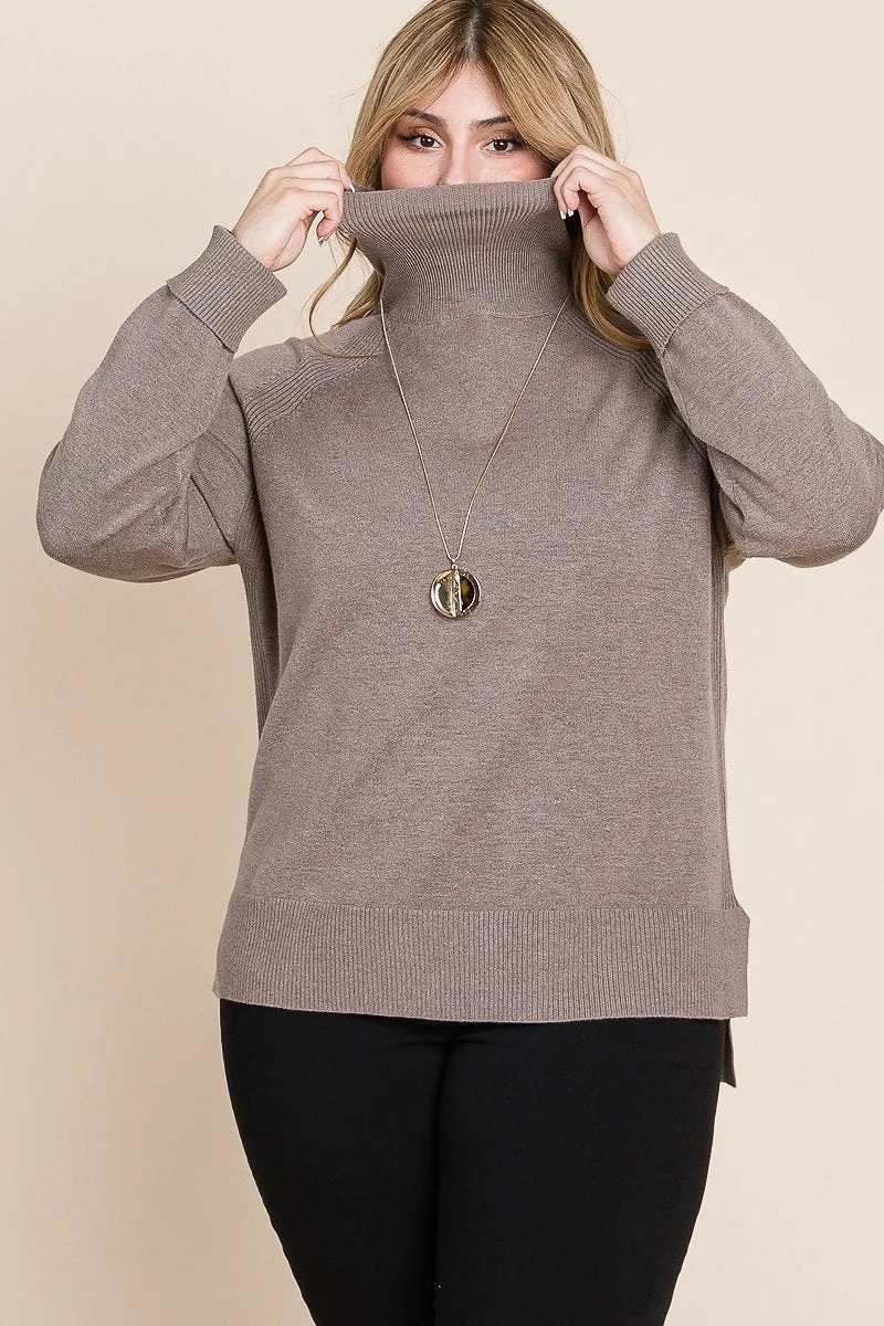 High Quality Buttery Soft Solid Knit Turtleneck Two Tone High Low Hem Sweater