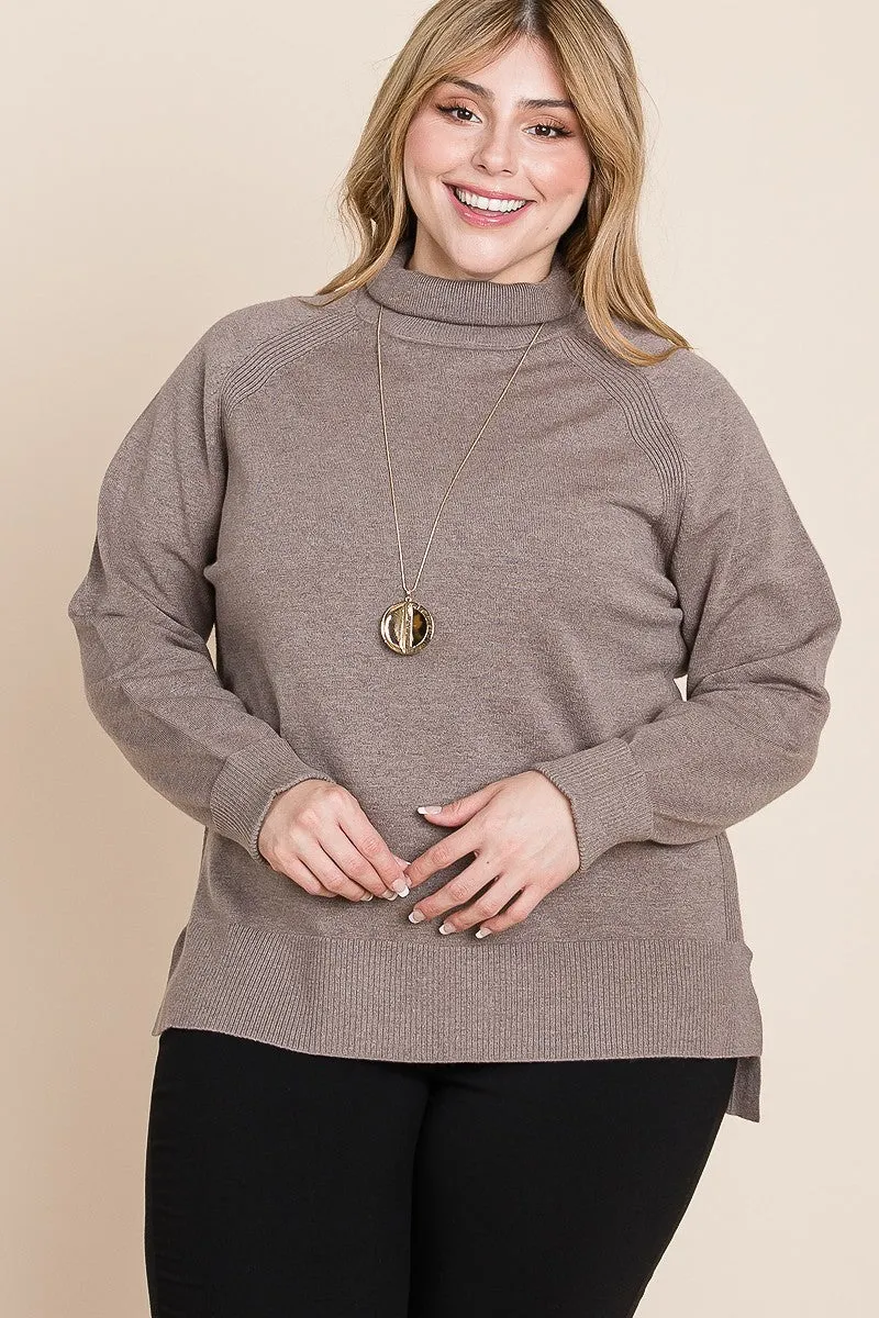High Quality Buttery Soft Solid Knit Turtleneck Two Tone High Low Hem Sweater