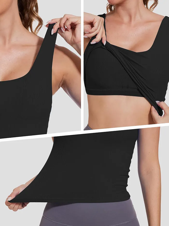 MATHCAT Padded Scoop Neck Slimming Ribbed Gym Tank Top with Built in Bra