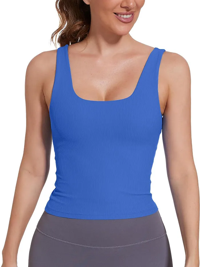 MATHCAT Padded Scoop Neck Slimming Ribbed Gym Tank Top with Built in Bra
