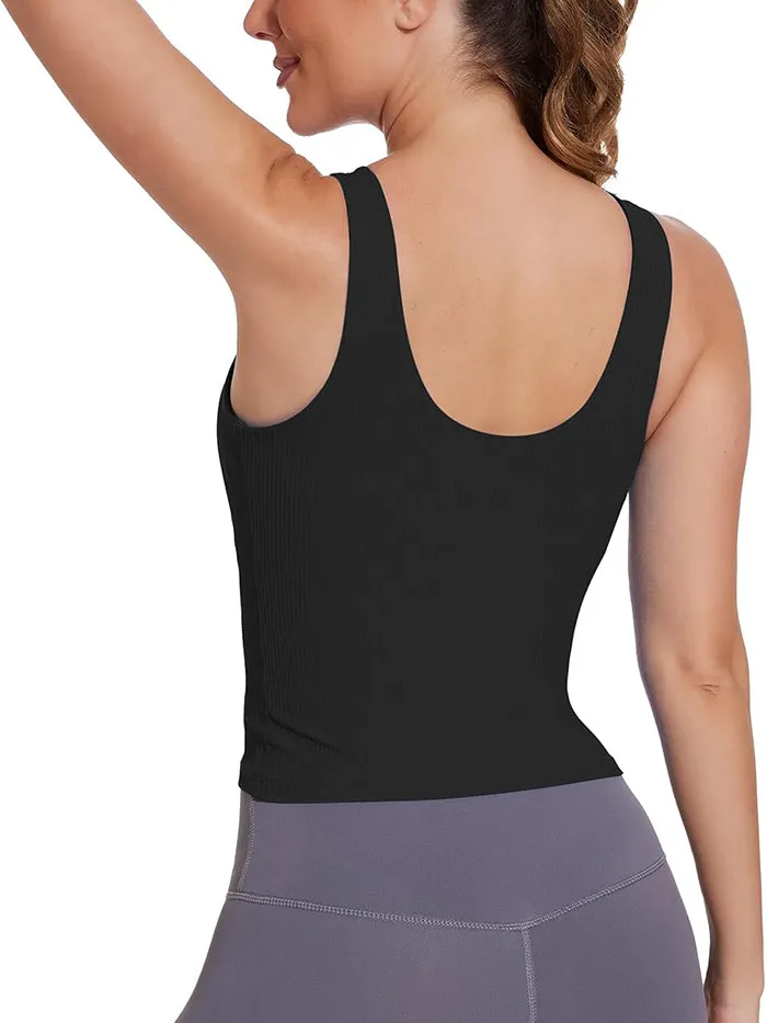 MATHCAT Padded Scoop Neck Slimming Ribbed Gym Tank Top with Built in Bra