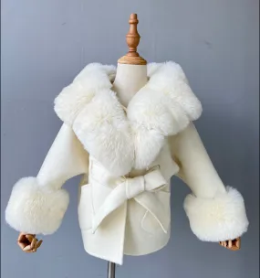 MI LOVES SIGNATURE Luxurious Anna cashmere kids coat with Synthetic fur trim and cuffs in Beautiful Ivory colour .