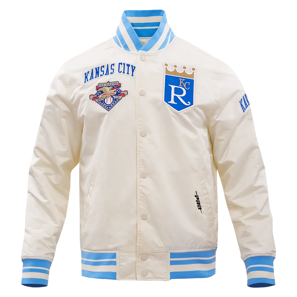 MLB KANSAS CITY ROYALS RETRO CLASSIC MEN'S RIB SATIN JACKET (EGGSHELL/ UNIVERSITY BLUE)