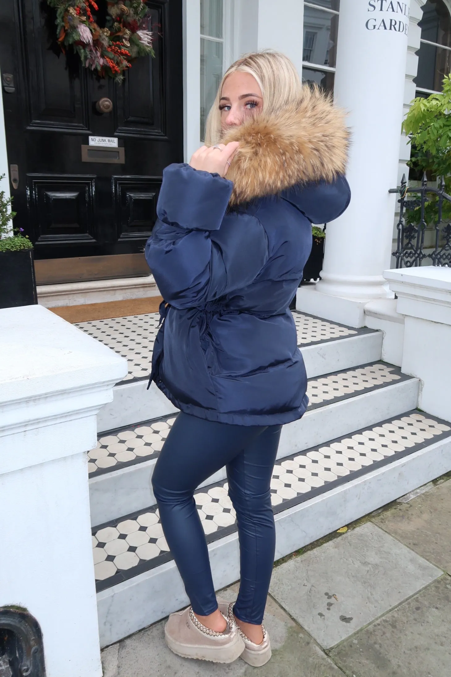 Navy/Natural Drawstring Luxury Fur Padded Belted Coat