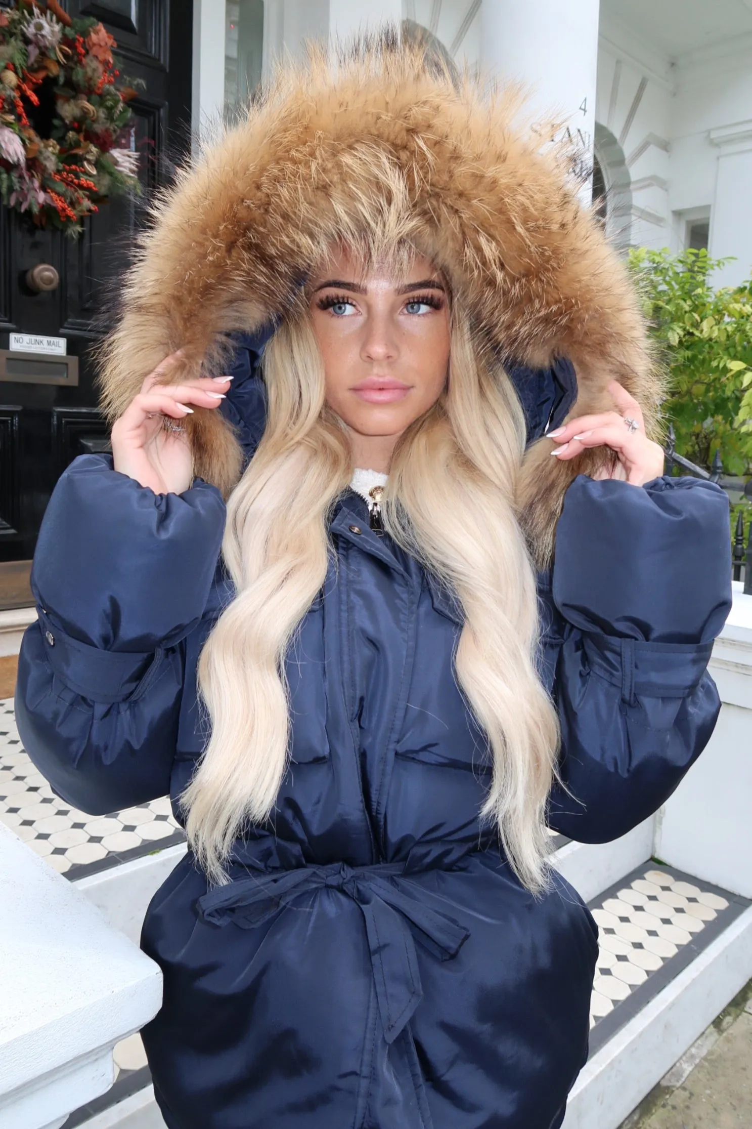 Navy/Natural Drawstring Luxury Fur Padded Belted Coat