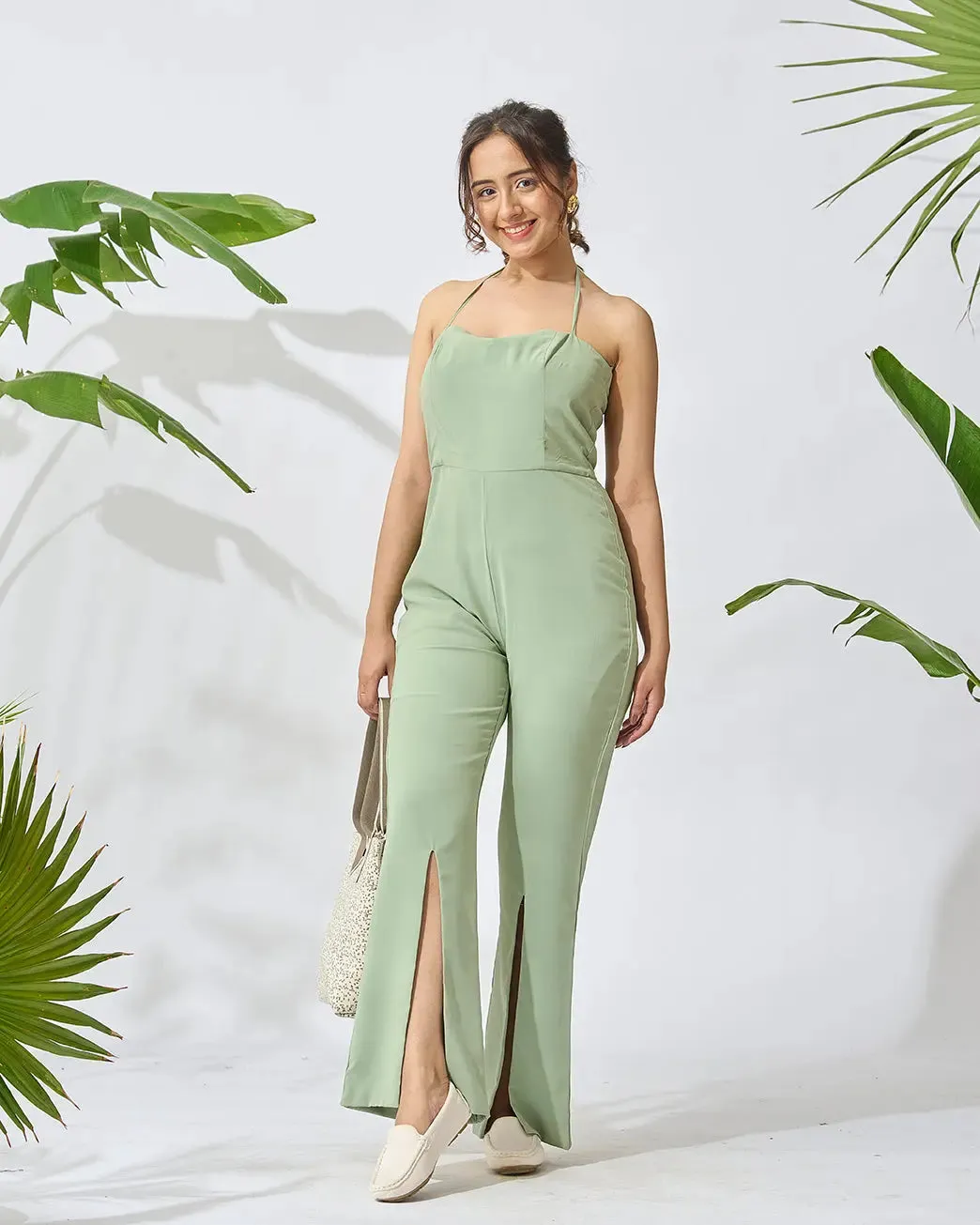 Off Shoulder Front Slit Jumpsuit