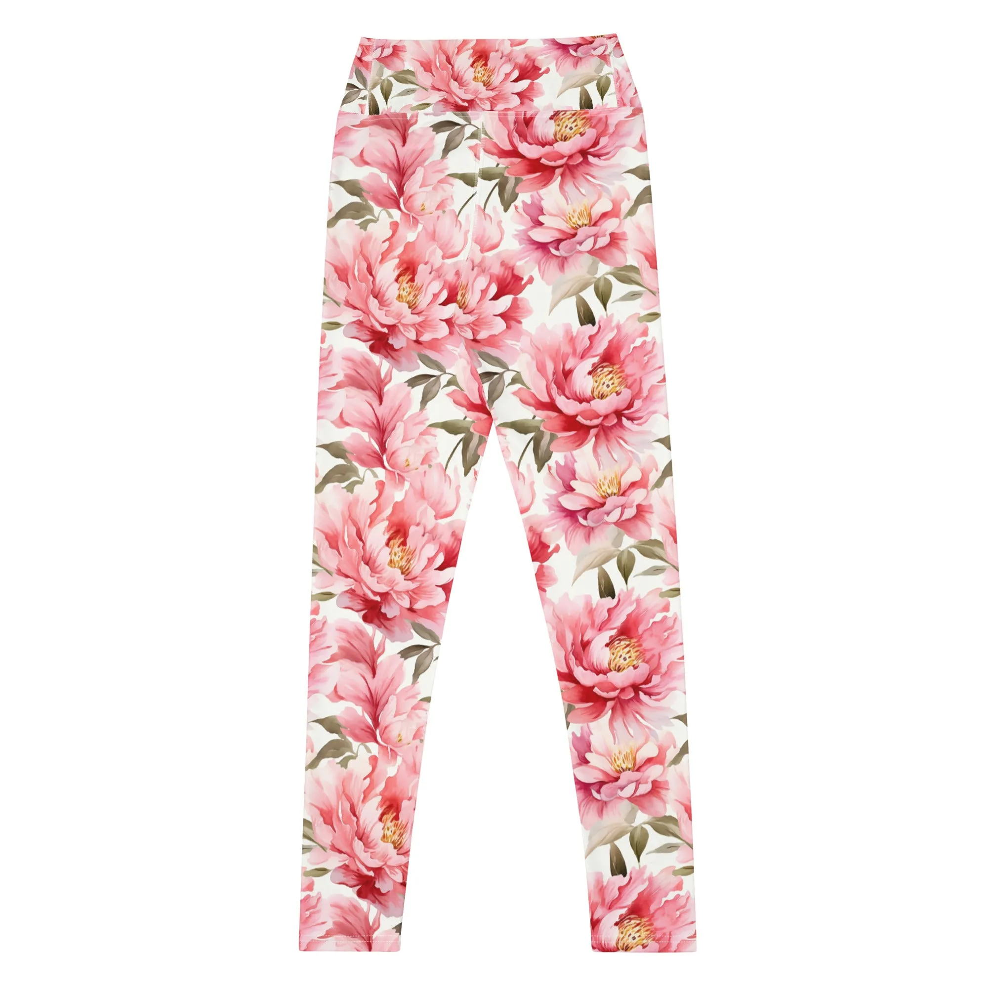Pink Flowers Yoga Leggings Women, Peony Floral High Waisted Pants Cute Printed Graphic Workout Running Gym Designer