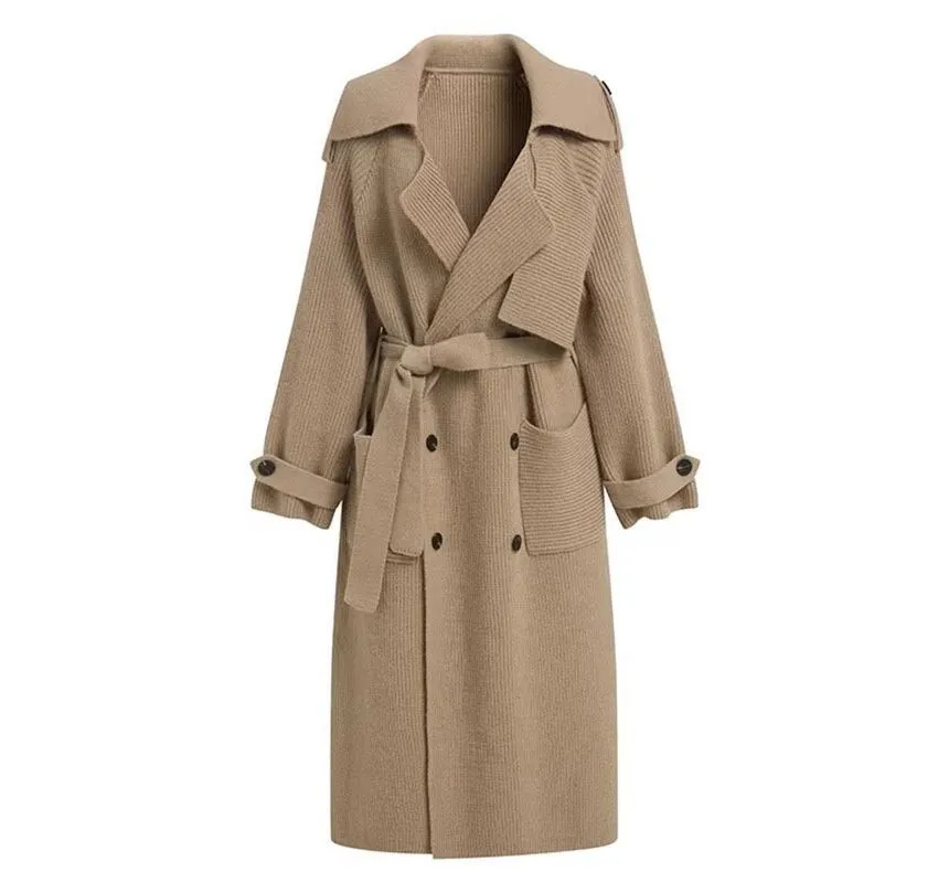 Plain Midi Knit Double-Breasted Trench Coat
