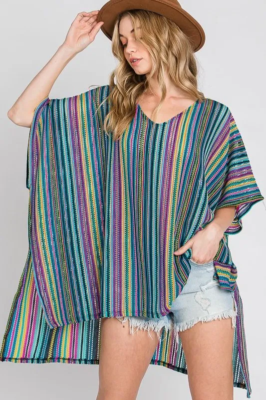 Plus Size Colorful Striped Poncho
