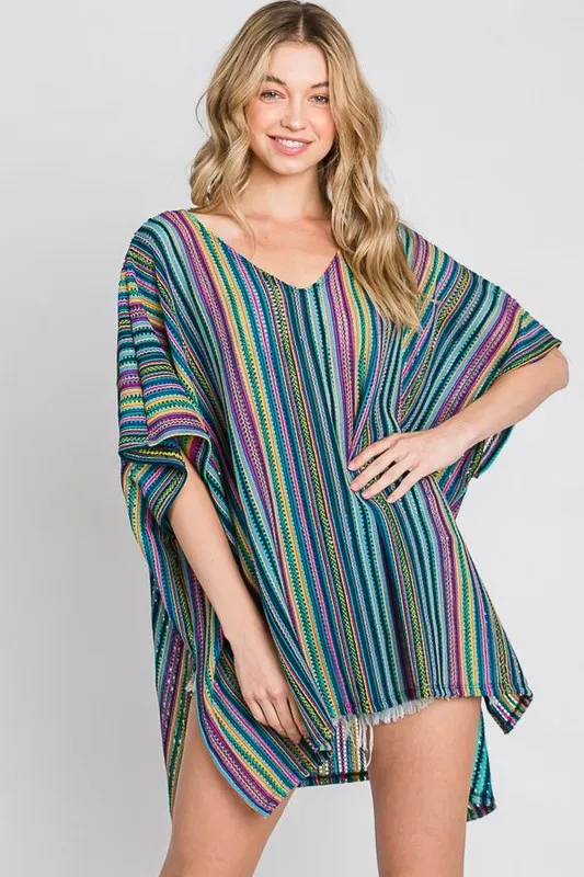 Plus Size Colorful Striped Poncho