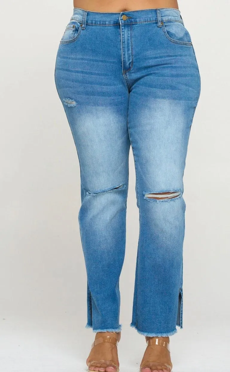 Plus Size Super Stretch 5 pocket ripped, slotted and belled Jeans