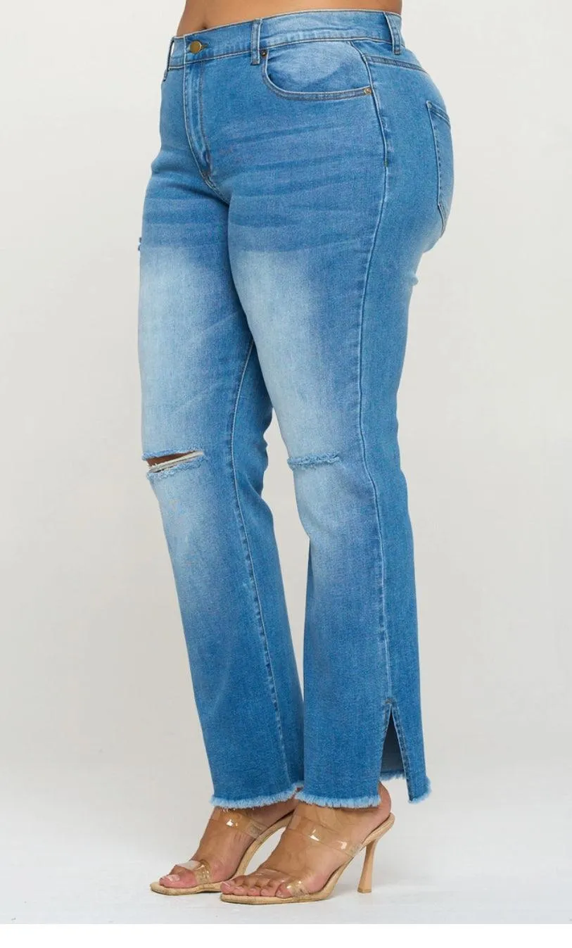 Plus Size Super Stretch 5 pocket ripped, slotted and belled Jeans