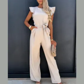Ruffled Round Neck Cap Sleeve Jumpsuit