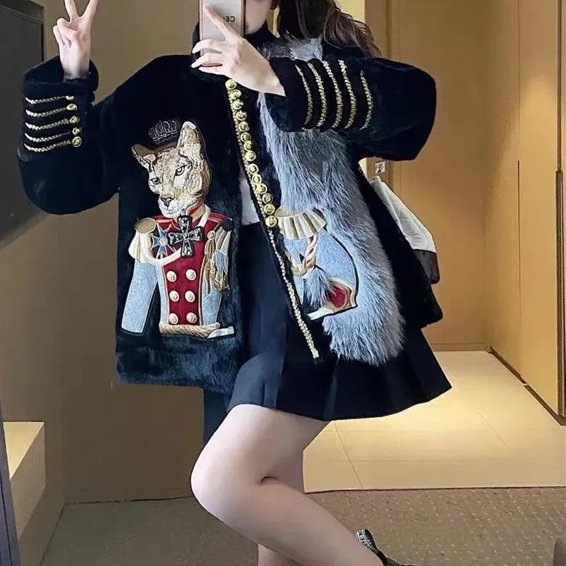 Runway New Warm Winter Women Faux Leather Jacket Coat Loose Embroidery Appliques Faux Fox Fur Coats Casual Vintage Coats
