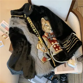 Runway New Warm Winter Women Faux Leather Jacket Coat Loose Embroidery Appliques Faux Fox Fur Coats Casual Vintage Coats