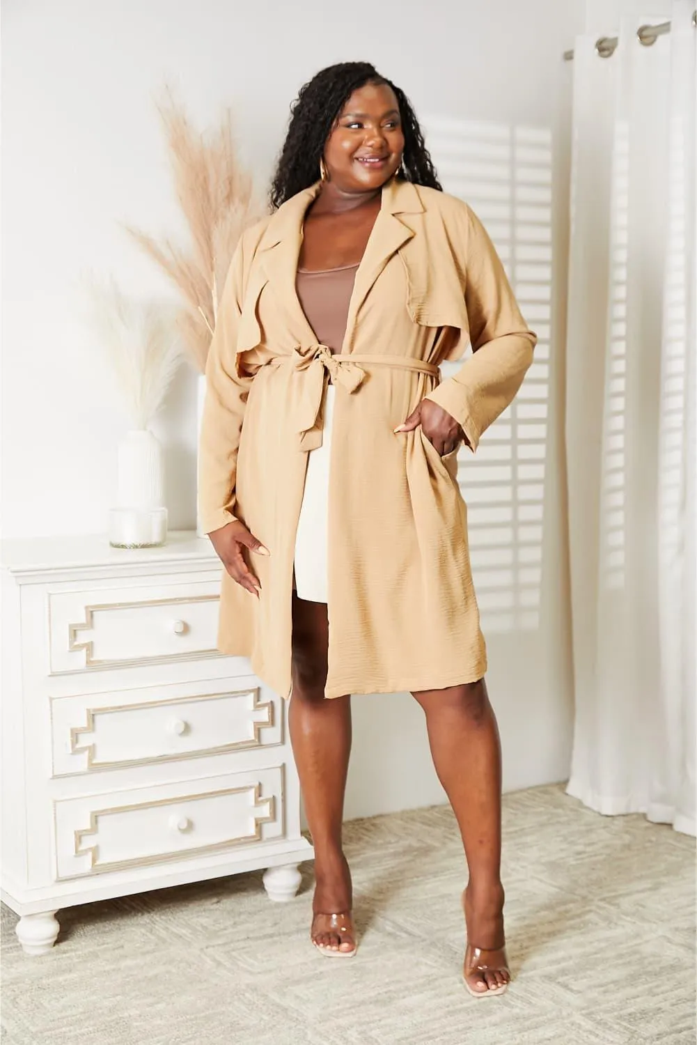 Tied Waist Plus Size Women's Trench Coat