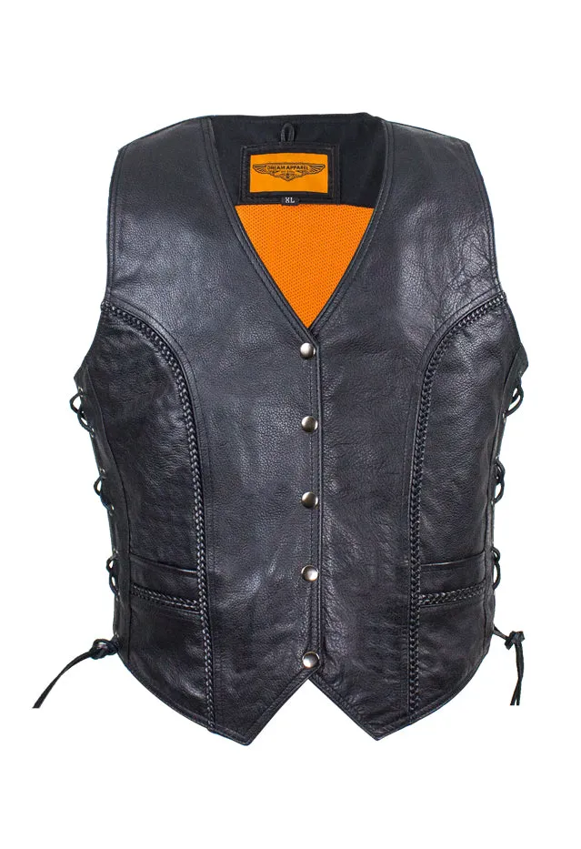 Womens Longer Motorcycle Vest With Braid