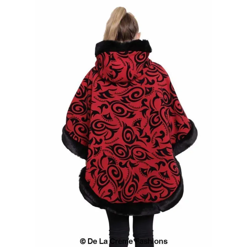 Women’s Tribal Print Fur Lined Hooded Cape