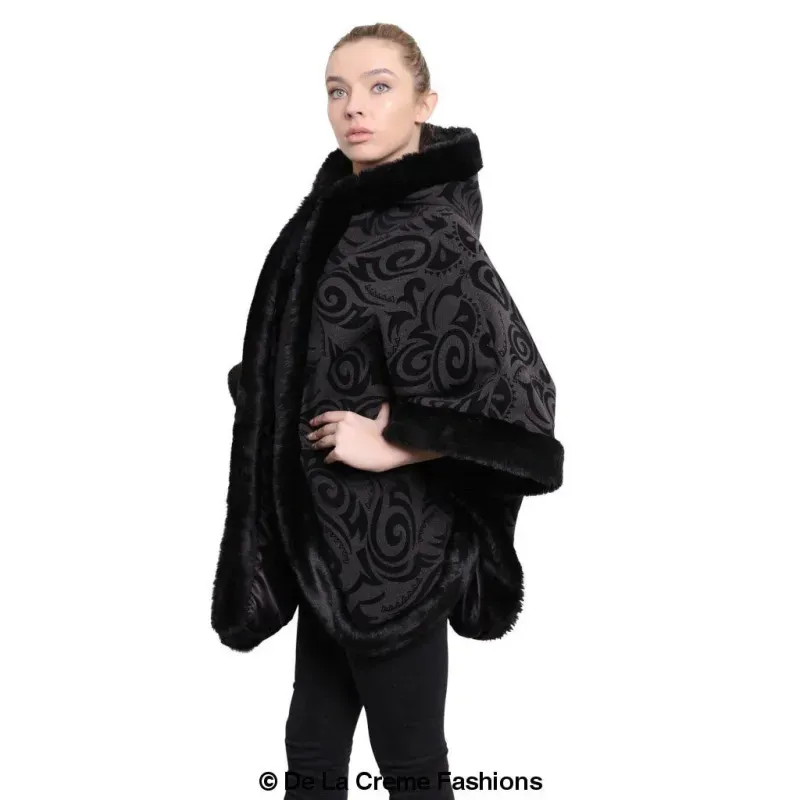 Women’s Tribal Print Fur Lined Hooded Cape