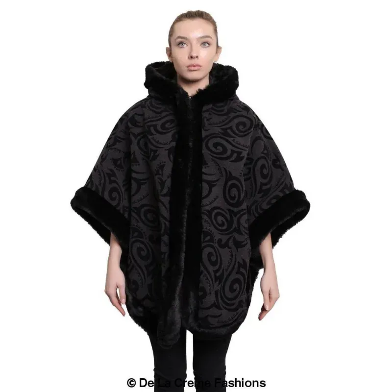 Women’s Tribal Print Fur Lined Hooded Cape