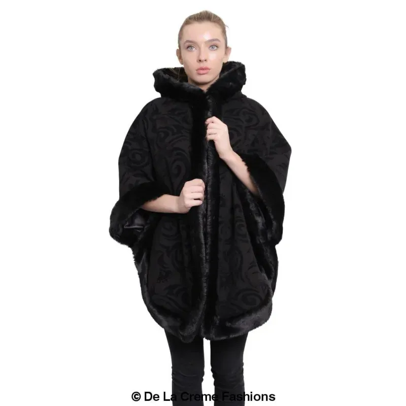 Women’s Tribal Print Fur Lined Hooded Cape