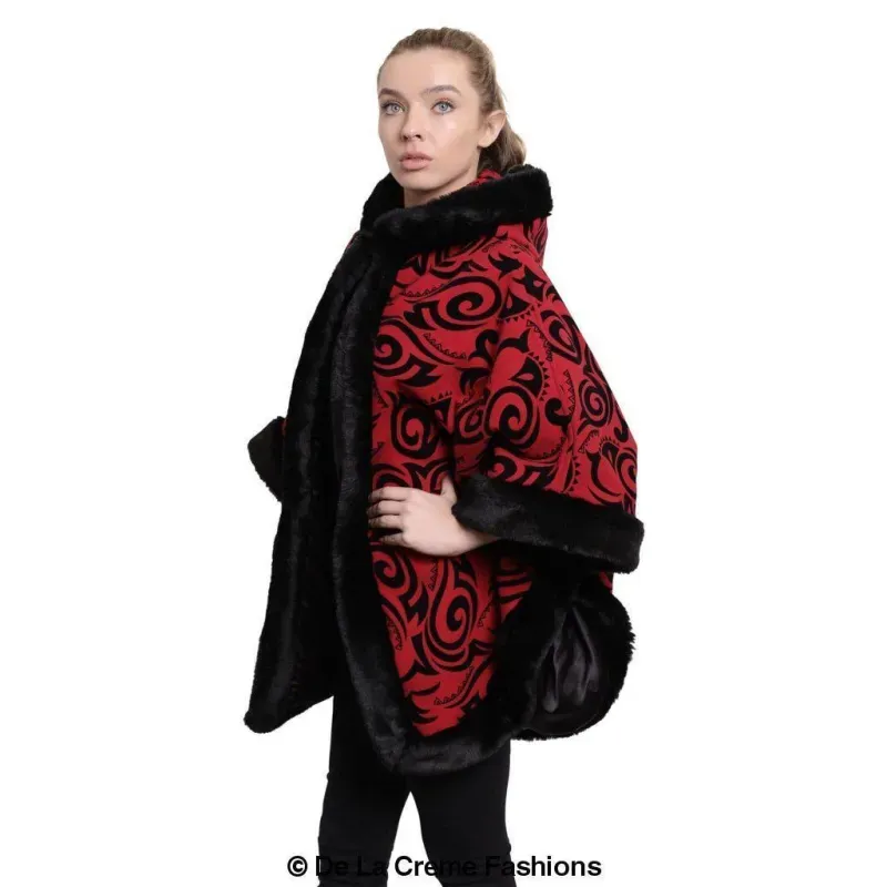 Women’s Tribal Print Fur Lined Hooded Cape