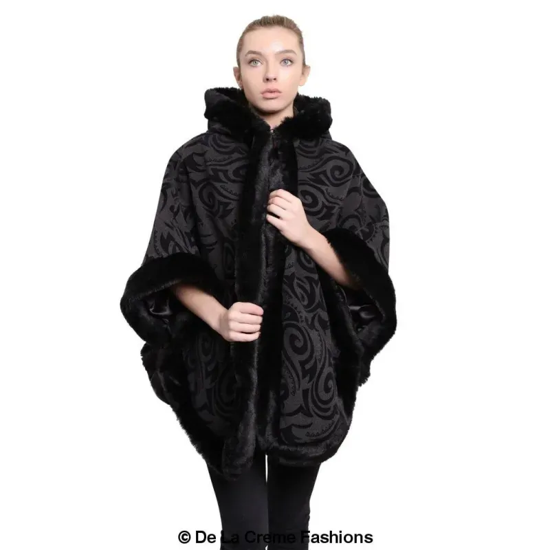 Women’s Tribal Print Fur Lined Hooded Cape