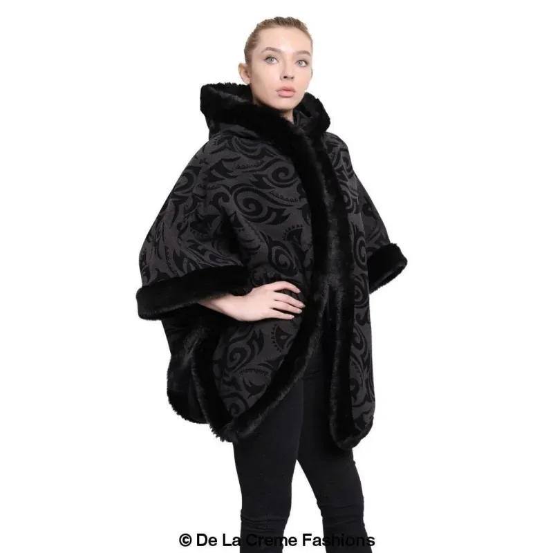 Women’s Tribal Print Fur Lined Hooded Cape