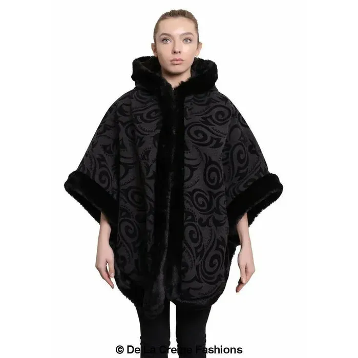 Women’s Tribal Print Fur Lined Hooded Cape