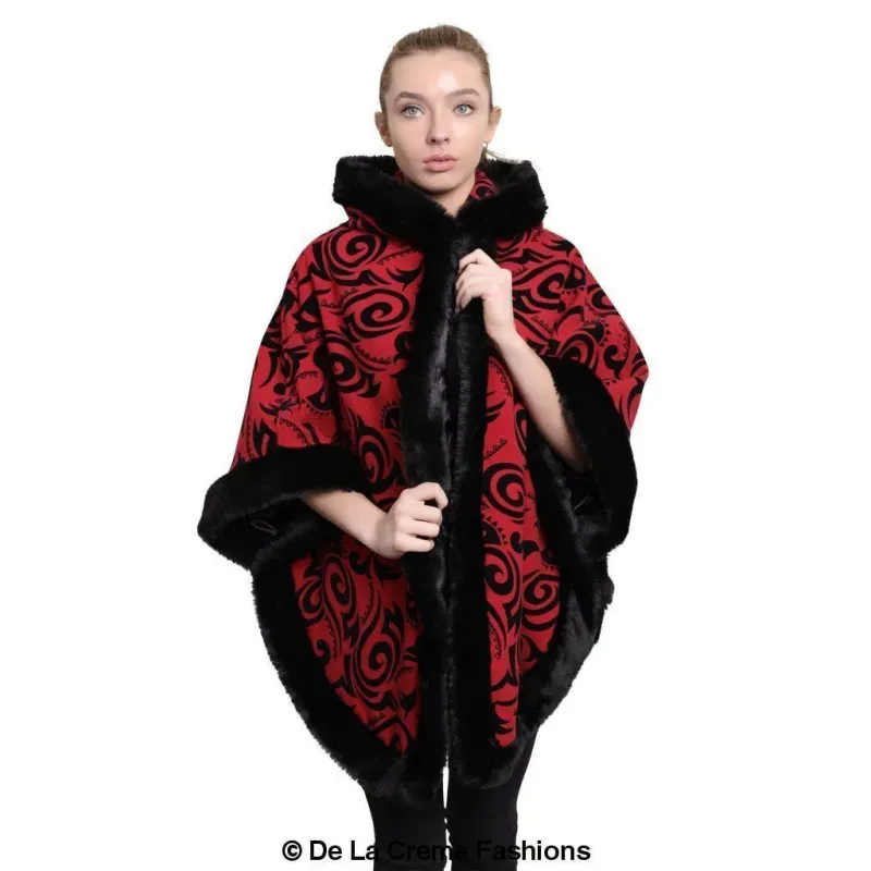 Women’s Tribal Print Fur Lined Hooded Cape