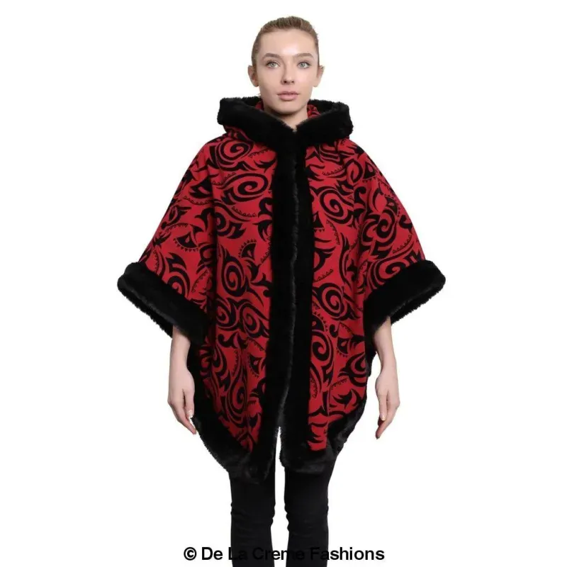 Women’s Tribal Print Fur Lined Hooded Cape