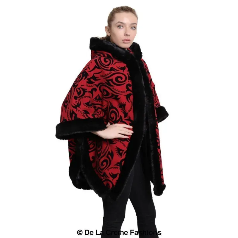 Women’s Tribal Print Fur Lined Hooded Cape