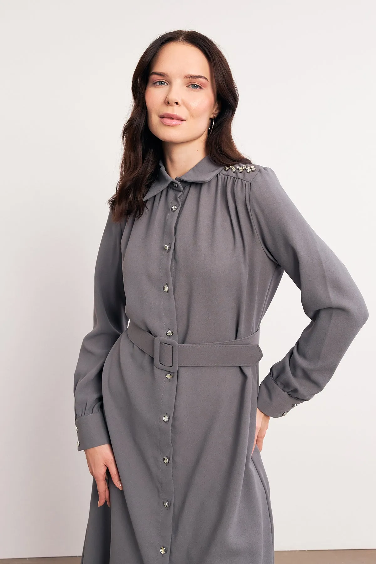 ZRF Women Belted Shoulder Stoned Tunic - Gray - West Lafayette