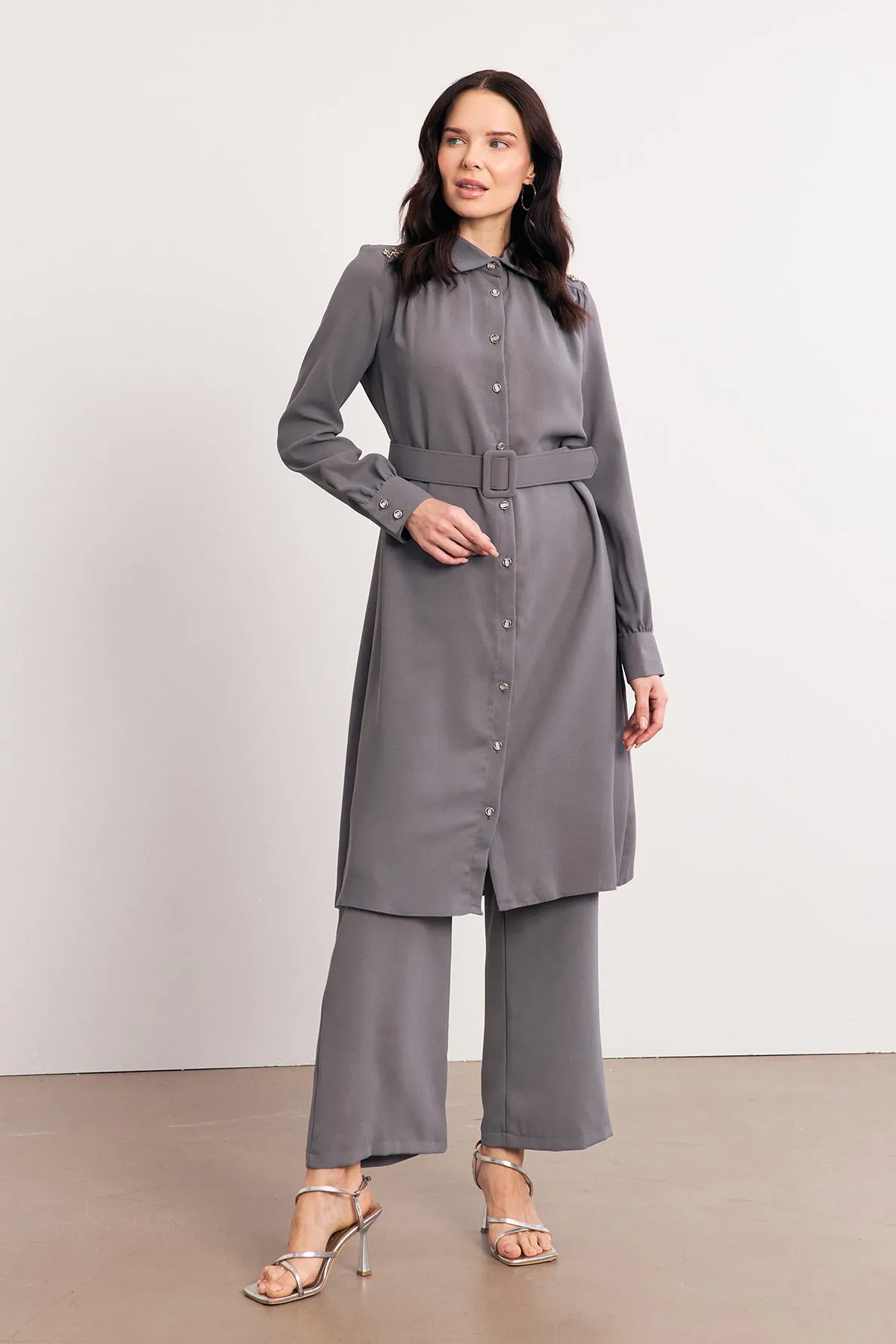 ZRF Women Belted Shoulder Stoned Tunic - Gray - West Lafayette