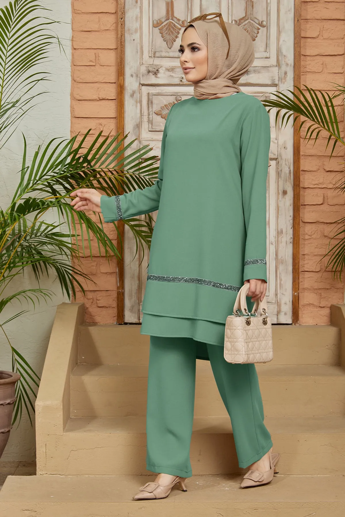 ZRF Women Stone-Detailed Tunic Pants Set - Mint - Cascina