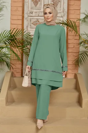 ZRF Women Stone-Detailed Tunic Pants Set - Mint - Cascina